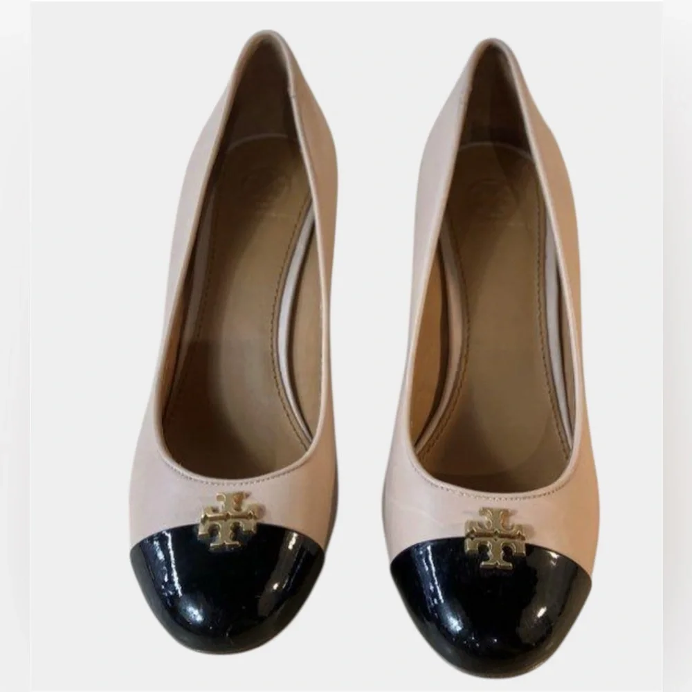 Tory Burch Black and Tan Wedge Shoes pumps Sz 8 M - Picture 4 of 16